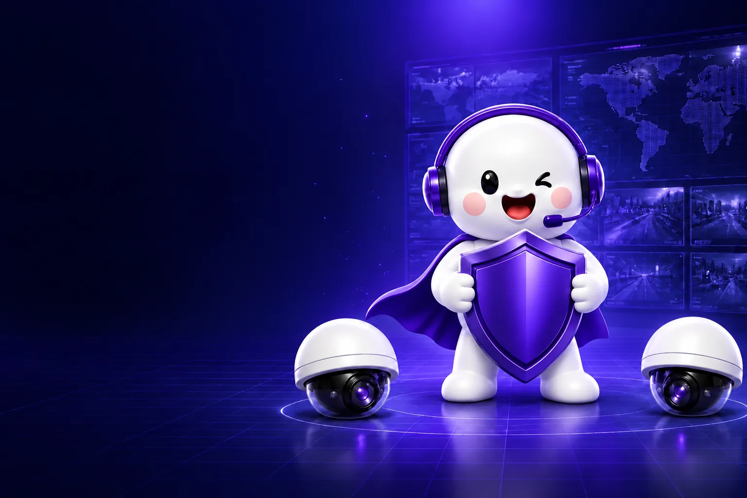 CCTV 카메라 사이에서 방패를 든 올소 마스코트